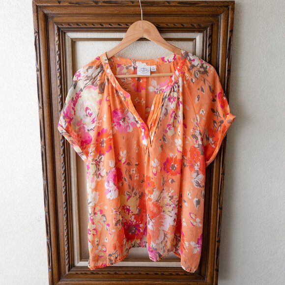 St. John’s Bay Blouse Size 1X Semi Sheer Orange Floral Top Boho Chic Shirt - Picture 1 of 6